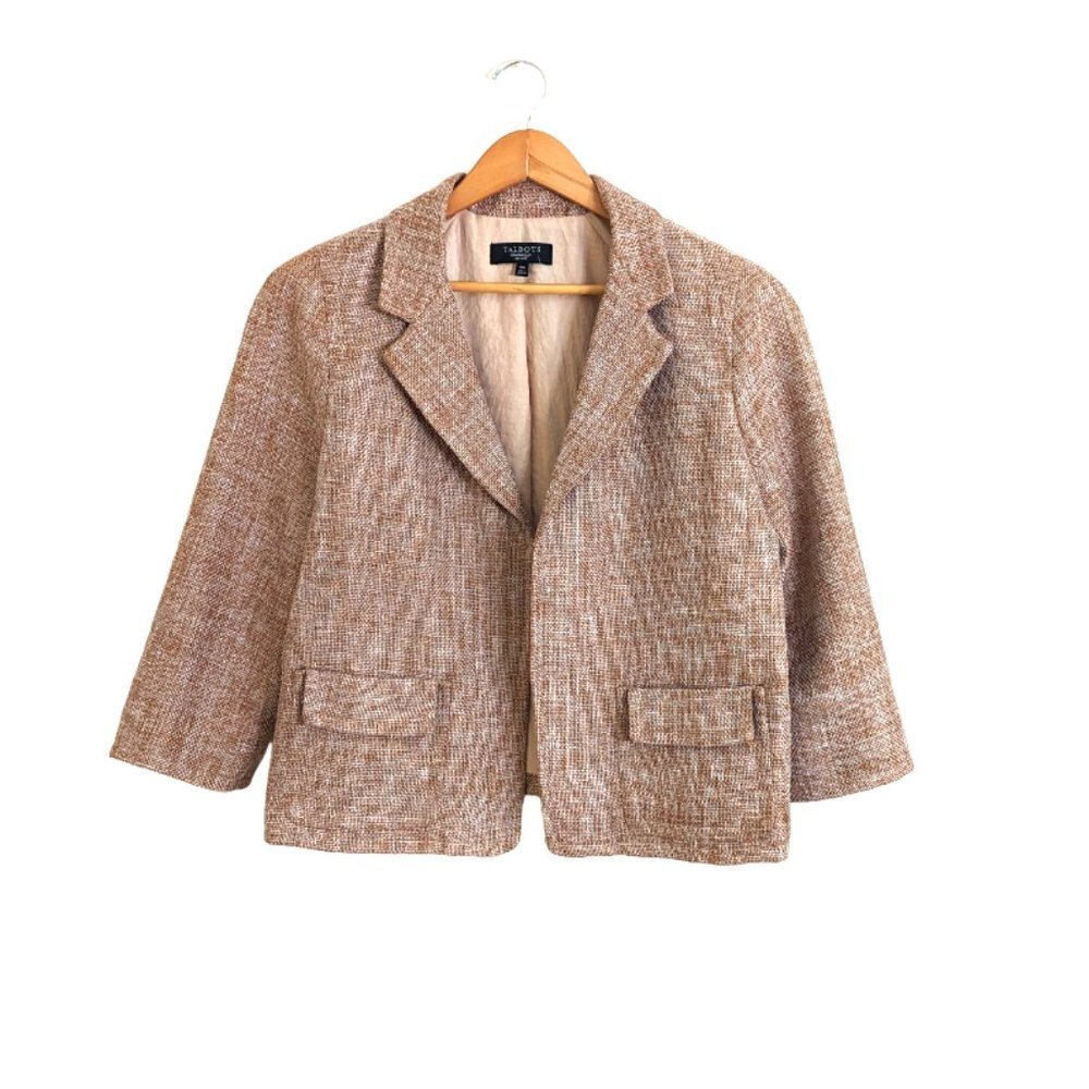 New Talbots Linen/Cotton Blend Open Front Blazer Tan Heather Size 14P